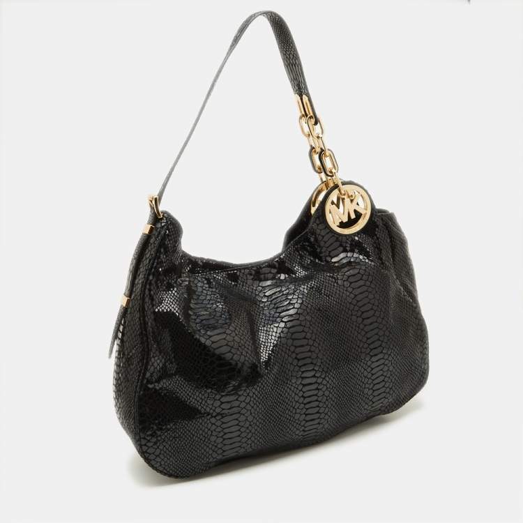 Pre Owned MICHAEL Michael Kors Black Snakeskin Embossed Leather Fulton Slouchy Hobo