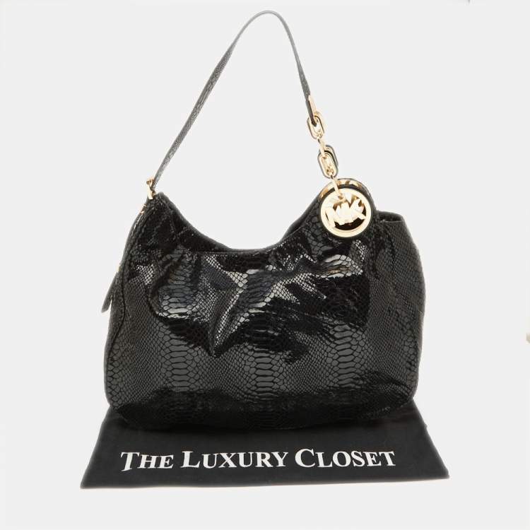 Pre Owned MICHAEL Michael Kors Black Snakeskin Embossed Leather Fulton Slouchy Hobo