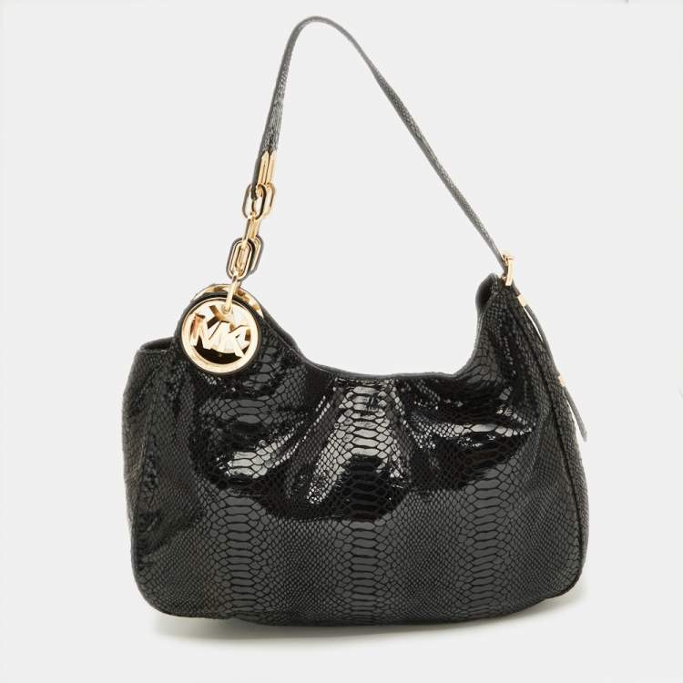 Pre Owned MICHAEL Michael Kors Black Snakeskin Embossed Leather Fulton Slouchy Hobo
