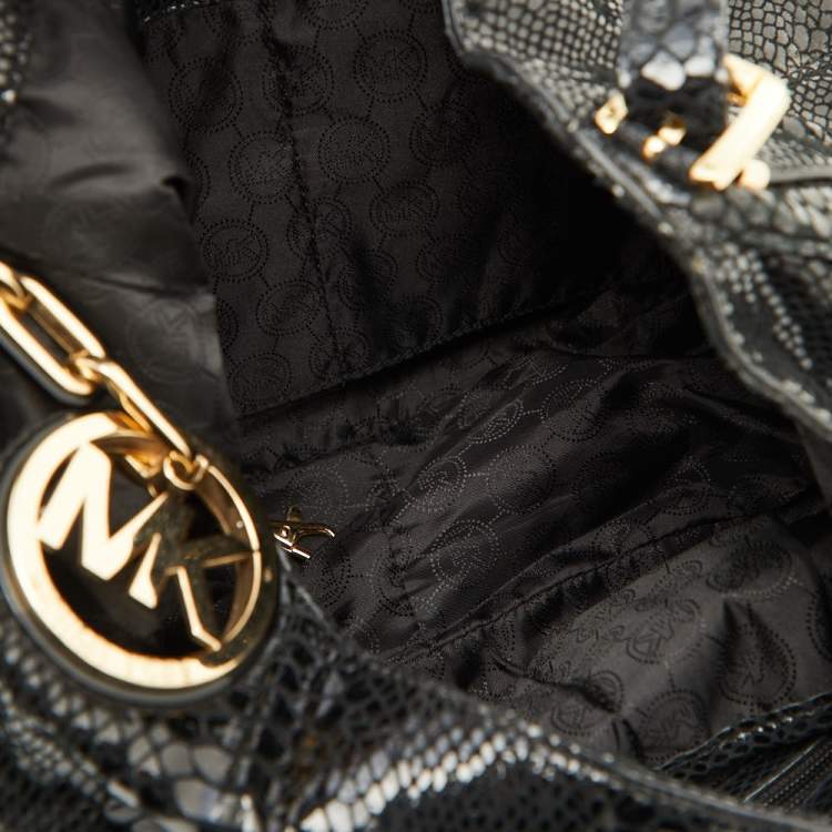 Pre Owned MICHAEL Michael Kors Black Snakeskin Embossed Leather Fulton Slouchy Hobo