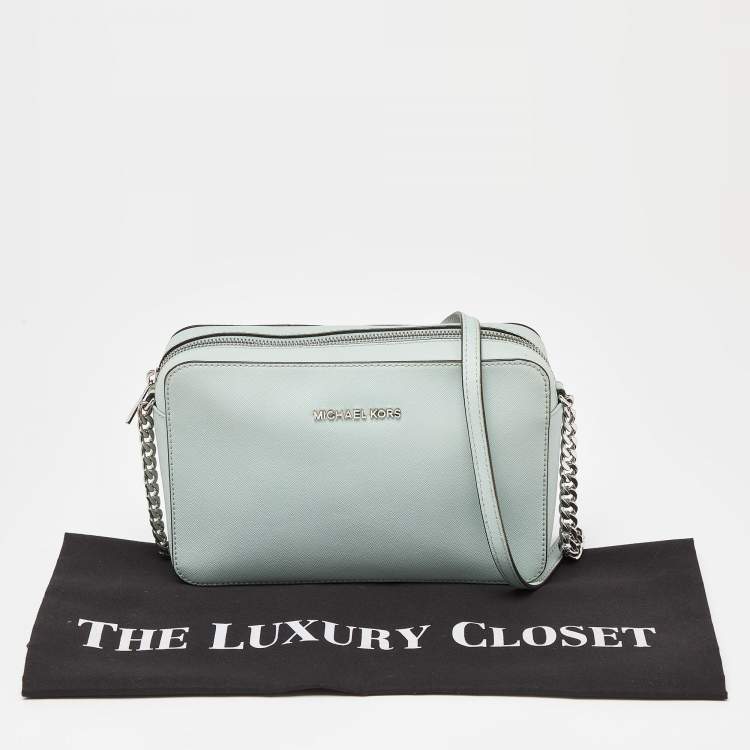 Pre Owned Michael Kors Green Saffiano Leather Jet Set Camera Crossbody Bag