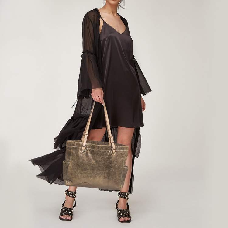 Pre Owned MICHAEL Michael Kors Gold Leather Jet Set East West Tote