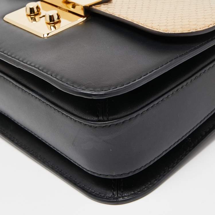 Pre Owned Michael Kors Gold/Black Python Embossed and Leather Sloan Shoulder Bag