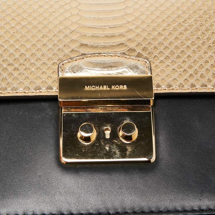 Pre Owned Michael Kors Gold/Black Python Embossed and Leather Sloan Shoulder Bag