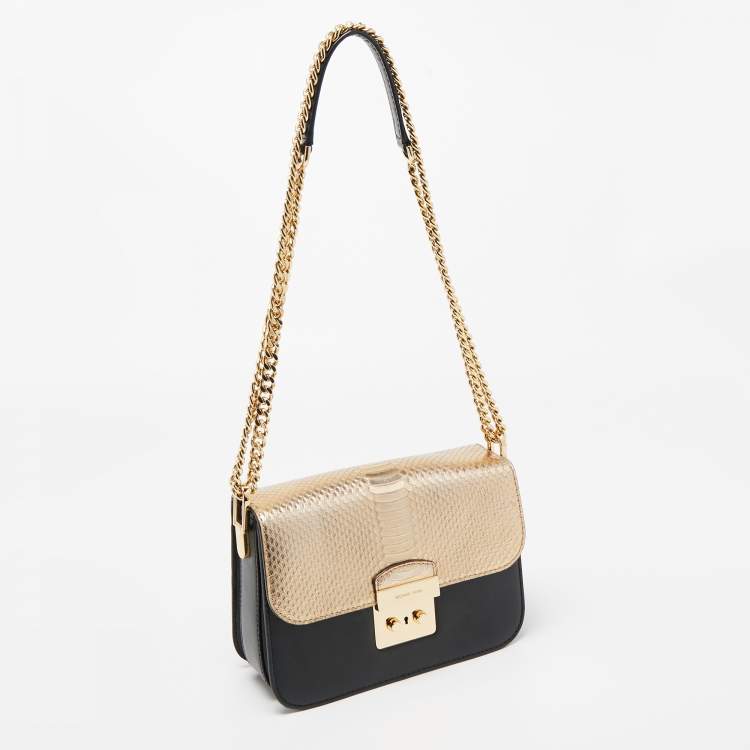 Pre Owned Michael Kors Gold/Black Python Embossed and Leather Sloan Shoulder Bag