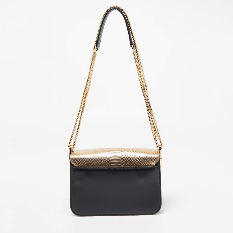 Pre Owned Michael Kors Gold/Black Python Embossed and Leather Sloan Shoulder Bag