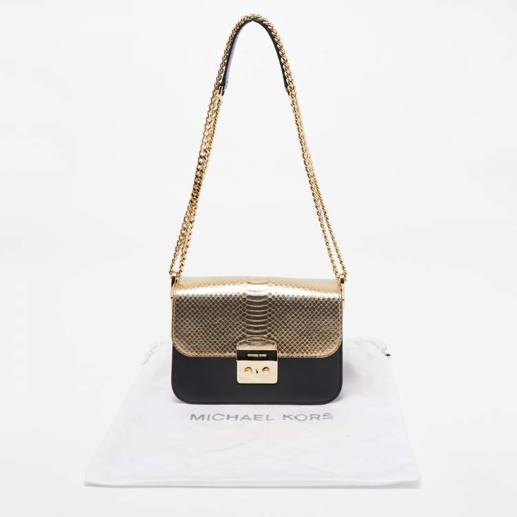 Pre Owned Michael Kors Gold/Black Python Embossed and Leather Sloan Shoulder Bag