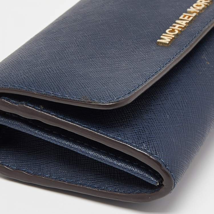 Pre Owned Michael Kors Blue Leather Jet Set Travel Wallet On Chain