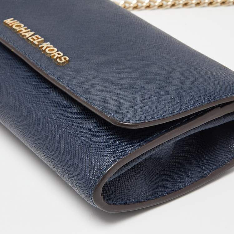 Pre Owned Michael Kors Blue Leather Jet Set Travel Wallet On Chain
