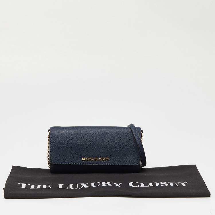 Pre Owned Michael Kors Blue Leather Jet Set Travel Wallet On Chain
