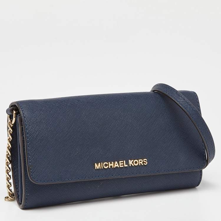 Pre Owned Michael Kors Blue Leather Jet Set Travel Wallet On Chain