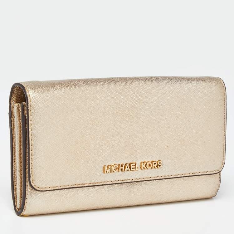 Pre Owned Michael Kors Gold Leather Jet Set Travel Wallet On Chain