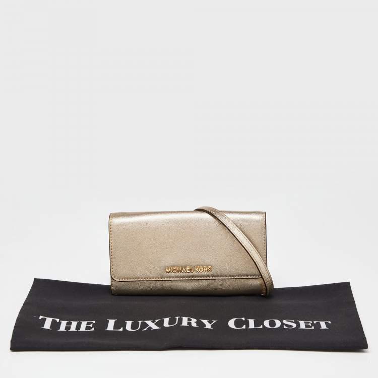 Pre Owned Michael Kors Gold Leather Jet Set Travel Wallet On Chain