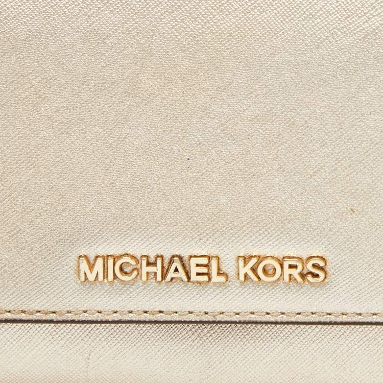 Pre Owned Michael Kors Gold Leather Jet Set Travel Wallet On Chain