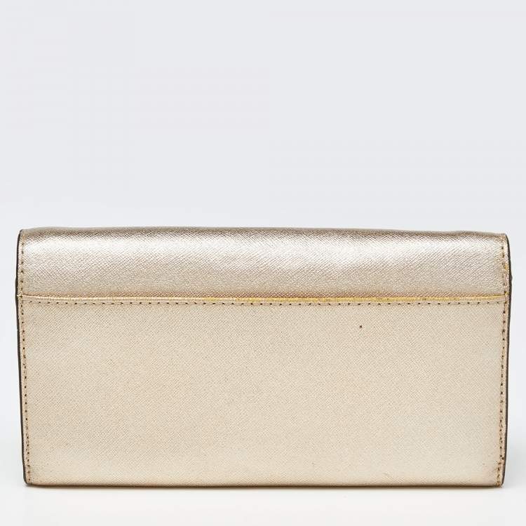 Pre Owned Michael Kors Gold Leather Jet Set Travel Wallet On Chain