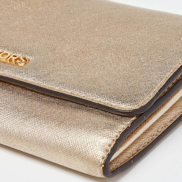 Pre Owned Michael Kors Gold Leather Jet Set Travel Wallet On Chain