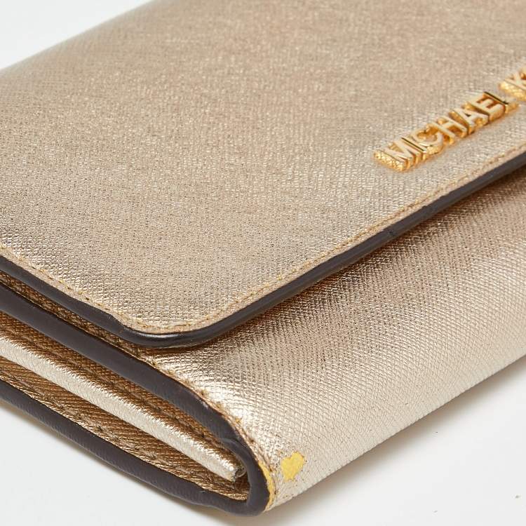 Pre Owned Michael Kors Gold Leather Jet Set Travel Wallet On Chain