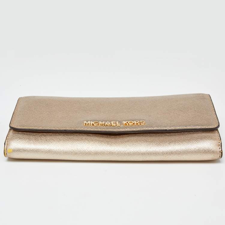 Pre Owned Michael Kors Gold Leather Jet Set Travel Wallet On Chain