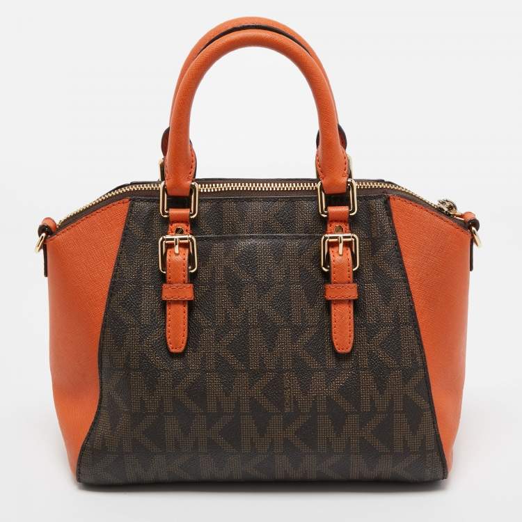 Pre Owned Michael Kors Orange/Brown Signature Coated Canvas and Leather Medium Ciara Satchel
