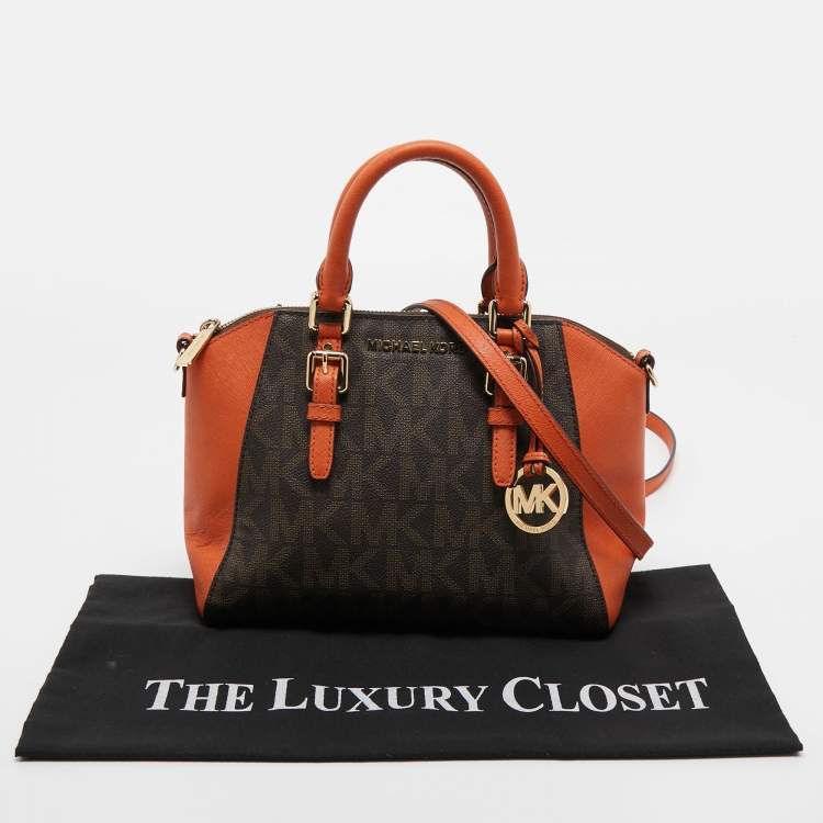 Pre Owned Michael Kors Orange/Brown Signature Coated Canvas and Leather Medium Ciara Satchel