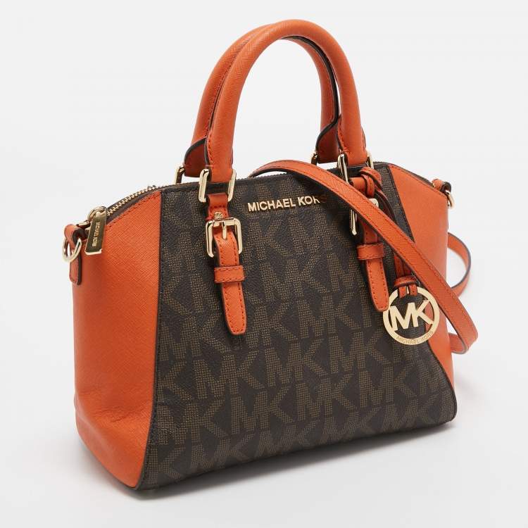 Pre Owned Michael Kors Orange/Brown Signature Coated Canvas and Leather Medium Ciara Satchel
