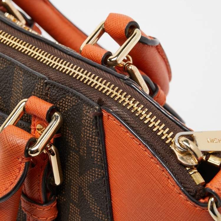 Pre Owned Michael Kors Orange/Brown Signature Coated Canvas and Leather Medium Ciara Satchel
