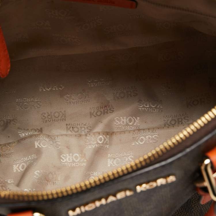Pre Owned Michael Kors Orange/Brown Signature Coated Canvas and Leather Medium Ciara Satchel