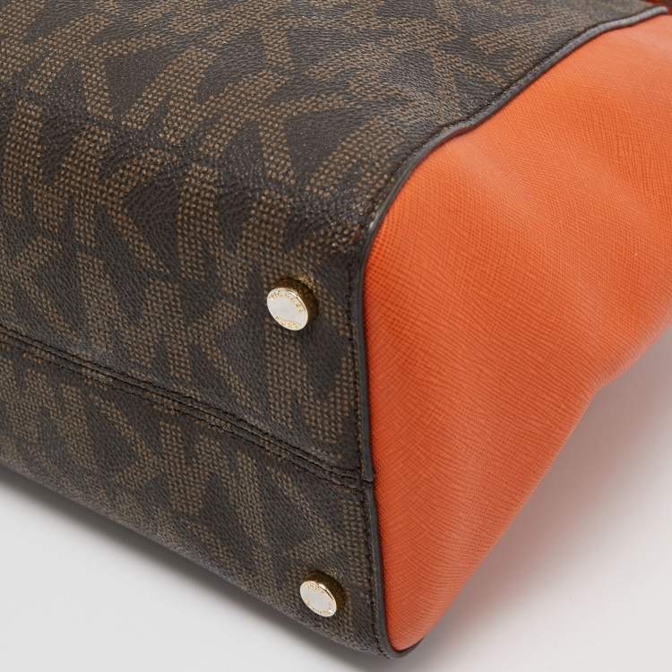 Pre Owned Michael Kors Orange/Brown Signature Coated Canvas and Leather Medium Ciara Satchel