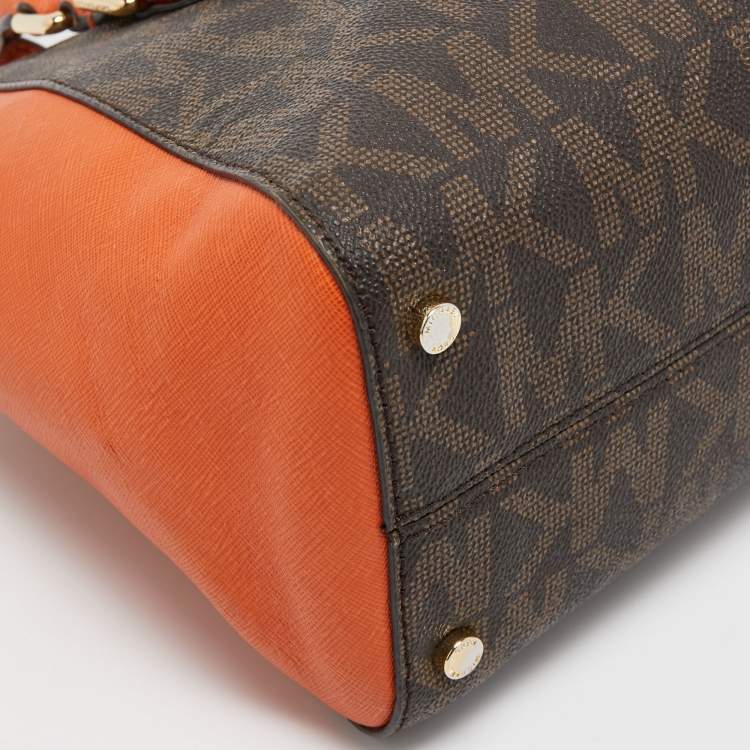 Pre Owned Michael Kors Orange/Brown Signature Coated Canvas and Leather Medium Ciara Satchel