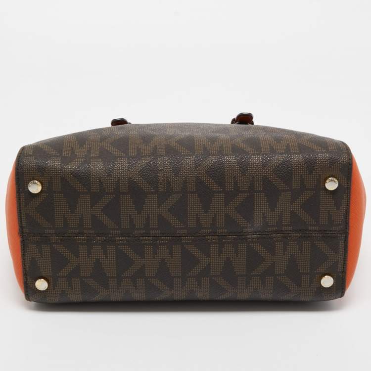 Pre Owned Michael Kors Orange/Brown Signature Coated Canvas and Leather Medium Ciara Satchel