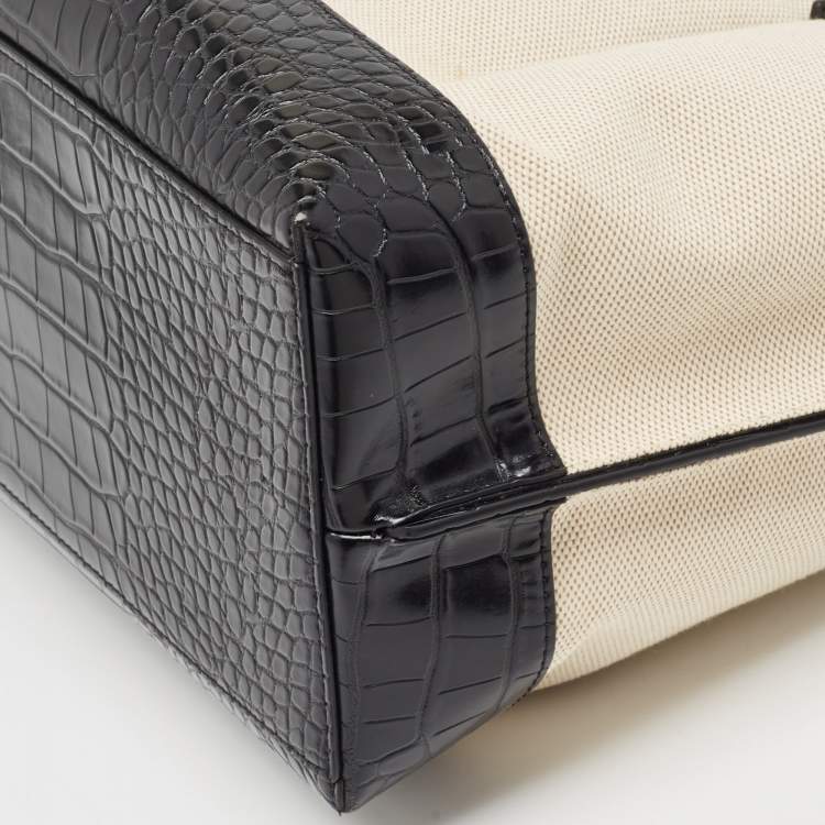 Pre Owned Michael Kors Off-white Canvas And Croc Embossed Leather Large Emilia Tote