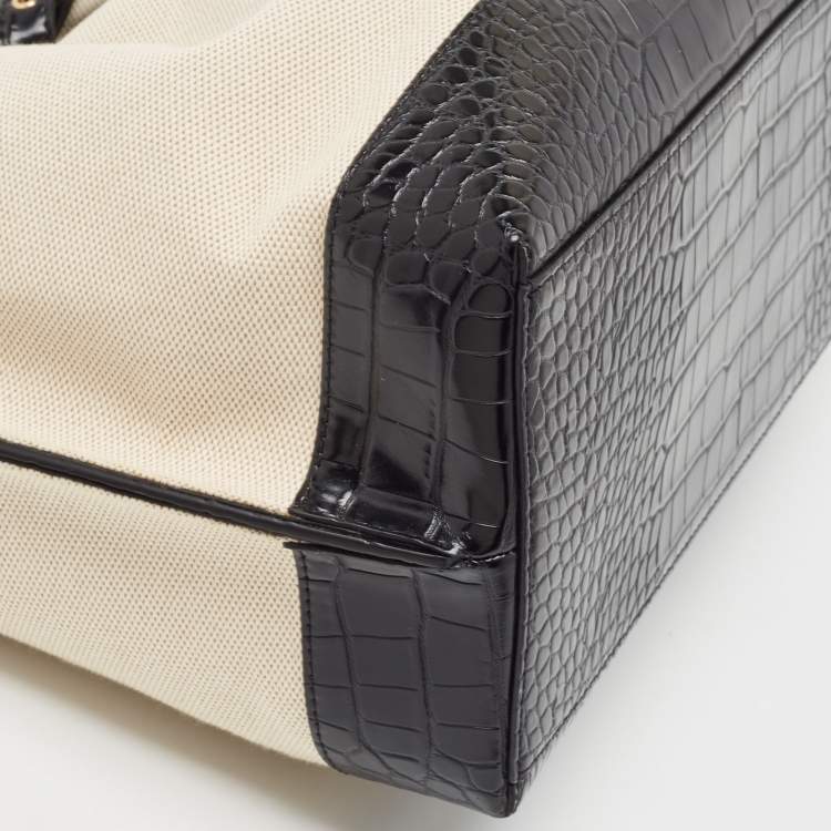 Pre Owned Michael Kors Off-white Canvas And Croc Embossed Leather Large Emilia Tote