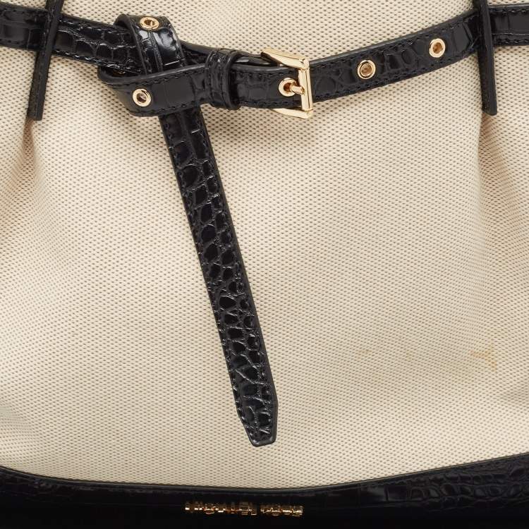 Pre Owned Michael Kors Off-white Canvas And Croc Embossed Leather Large Emilia Tote