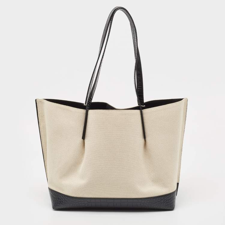 Pre Owned Michael Kors Off-white Canvas And Croc Embossed Leather Large Emilia Tote