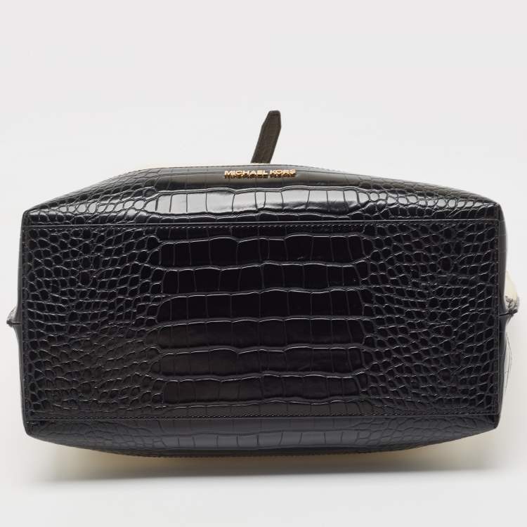 Pre Owned Michael Kors Off-white Canvas And Croc Embossed Leather Large Emilia Tote