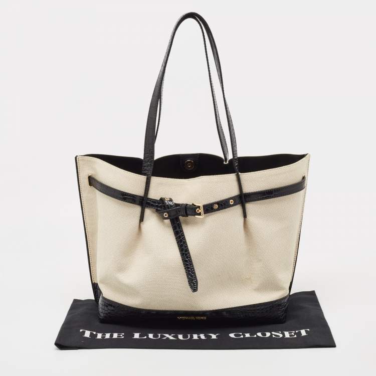 Pre Owned Michael Kors Off-white Canvas And Croc Embossed Leather Large Emilia Tote