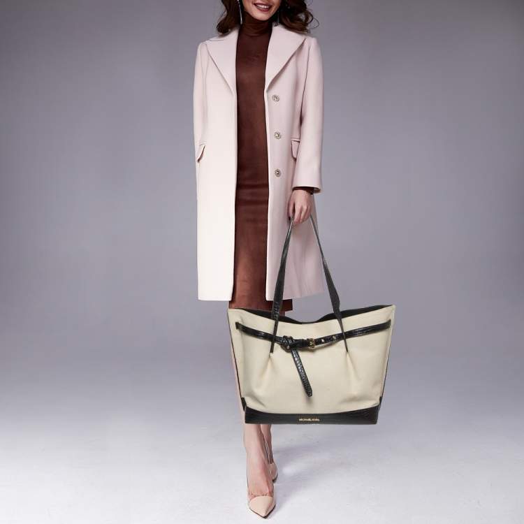 Pre Owned Michael Kors Off-white Canvas And Croc Embossed Leather Large Emilia Tote