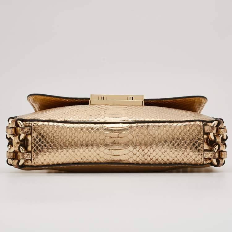 Pre Owned Michael Kors Gold Python Embossed Leather Piper Shoulder Bag