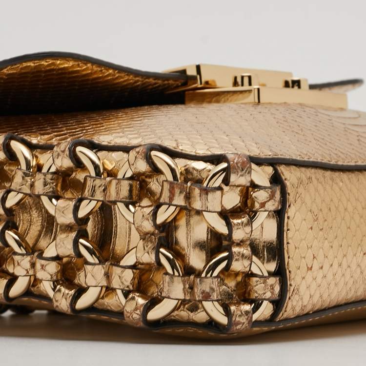 Pre Owned Michael Kors Gold Python Embossed Leather Piper Shoulder Bag