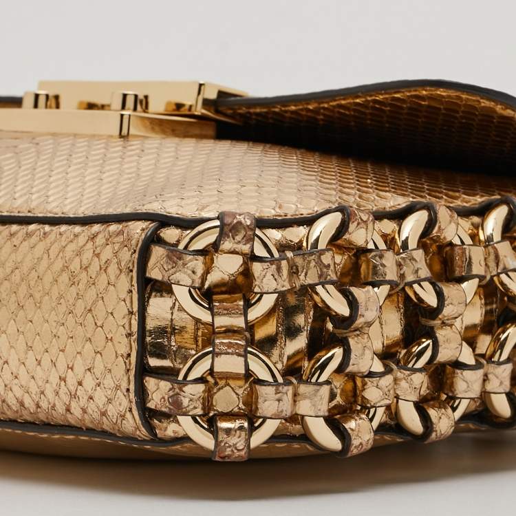 Pre Owned Michael Kors Gold Python Embossed Leather Piper Shoulder Bag