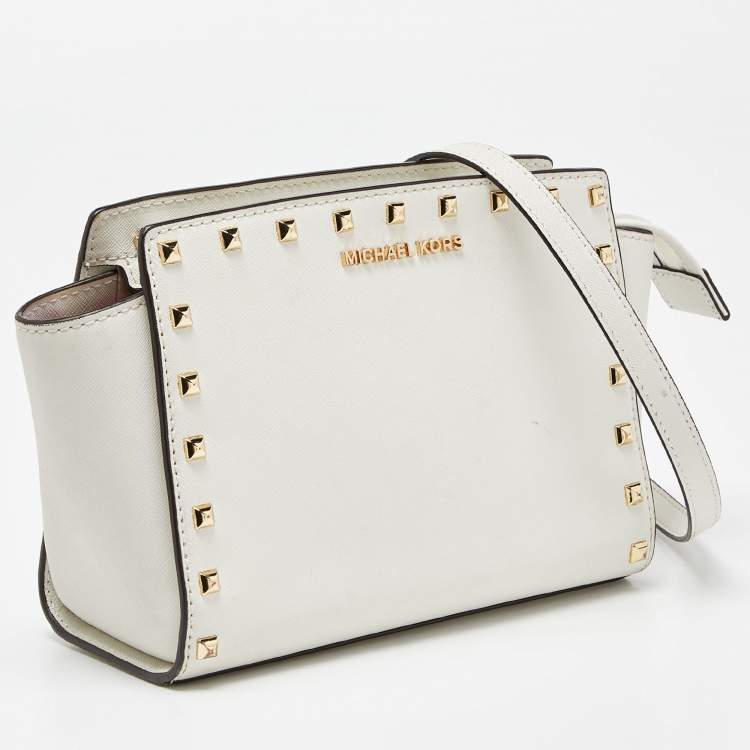 Pre Owned Michael Kors White Saffiano Studded Leather Small Selma Crossbody Bag