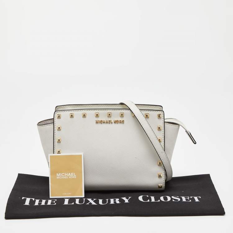 Pre Owned Michael Kors White Saffiano Studded Leather Small Selma Crossbody Bag
