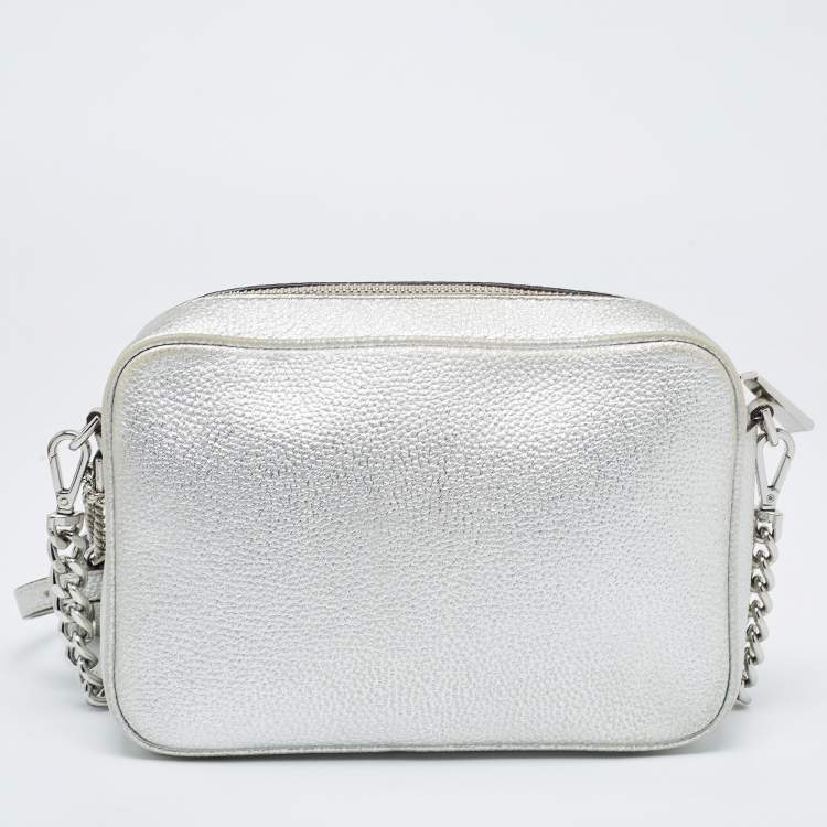 Pre Owned Michael Kors Silver Leather Jet Set Camera Crossbody Bag