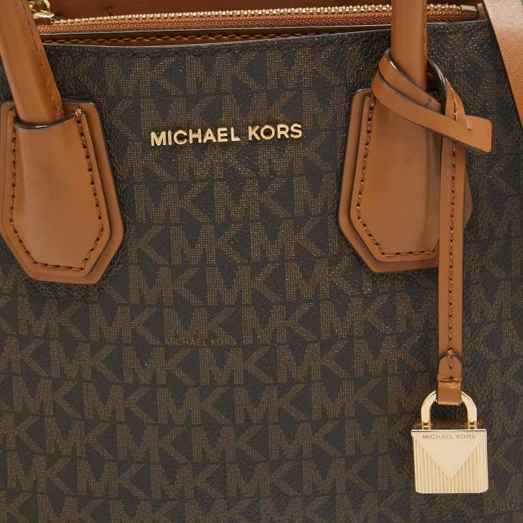 Pre Owned Michael Kors Two Tone Brown Signature Coated Canvas Small Mercer Tote