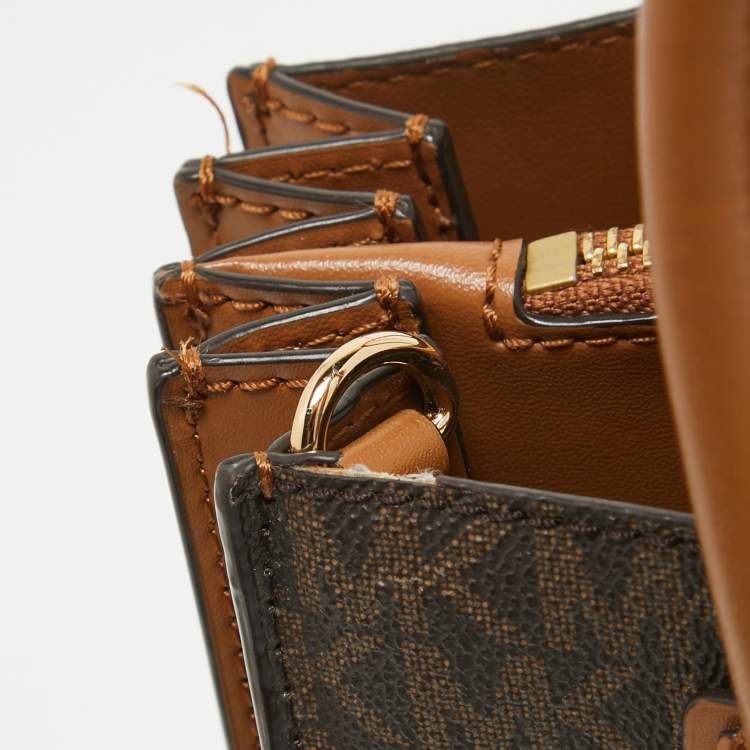 Pre Owned Michael Kors Two Tone Brown Signature Coated Canvas Small Mercer Tote