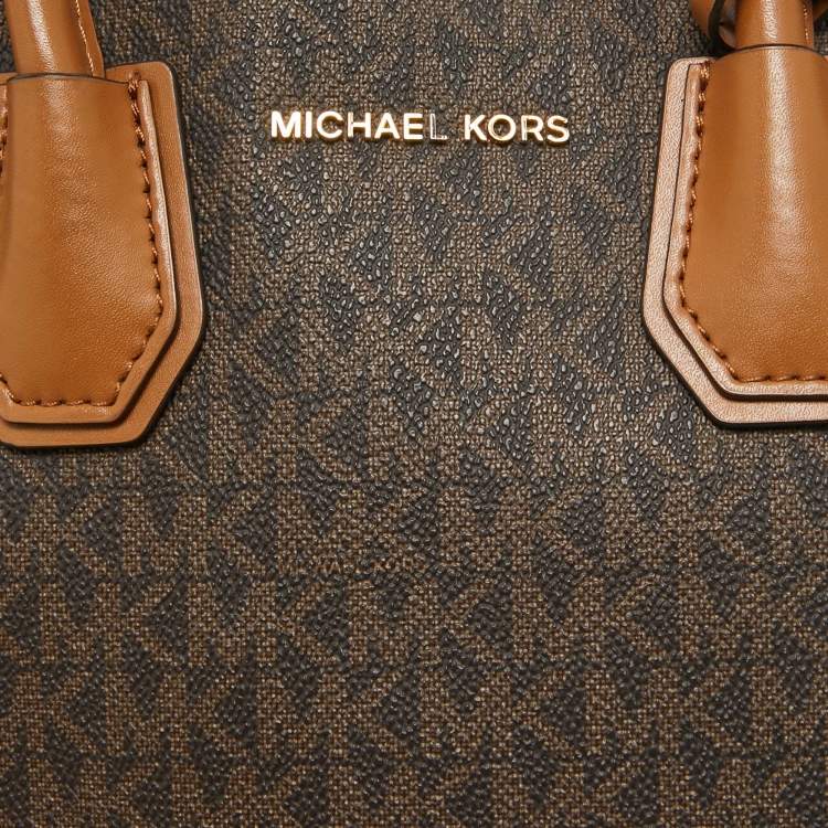 Pre Owned Michael Kors Two Tone Brown Signature Coated Canvas Small Mercer Tote