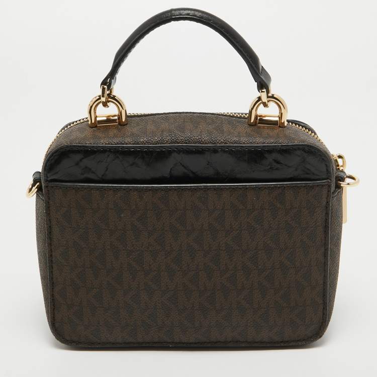 Pre Owned Michael Kors Brown/Black Signature Coated Canvas and Leather Top Handle Bag