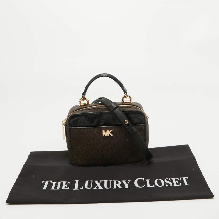 Pre Owned Michael Kors Brown/Black Signature Coated Canvas and Leather Top Handle Bag