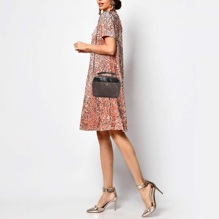 Pre Owned Michael Kors Brown/Black Signature Coated Canvas and Leather Top Handle Bag