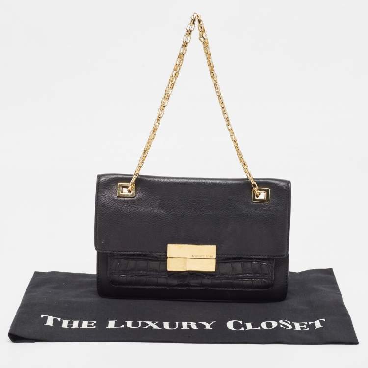 Pre Owned Michael Kors Black Leather and Croc Embossed Chain Shoulder Bag